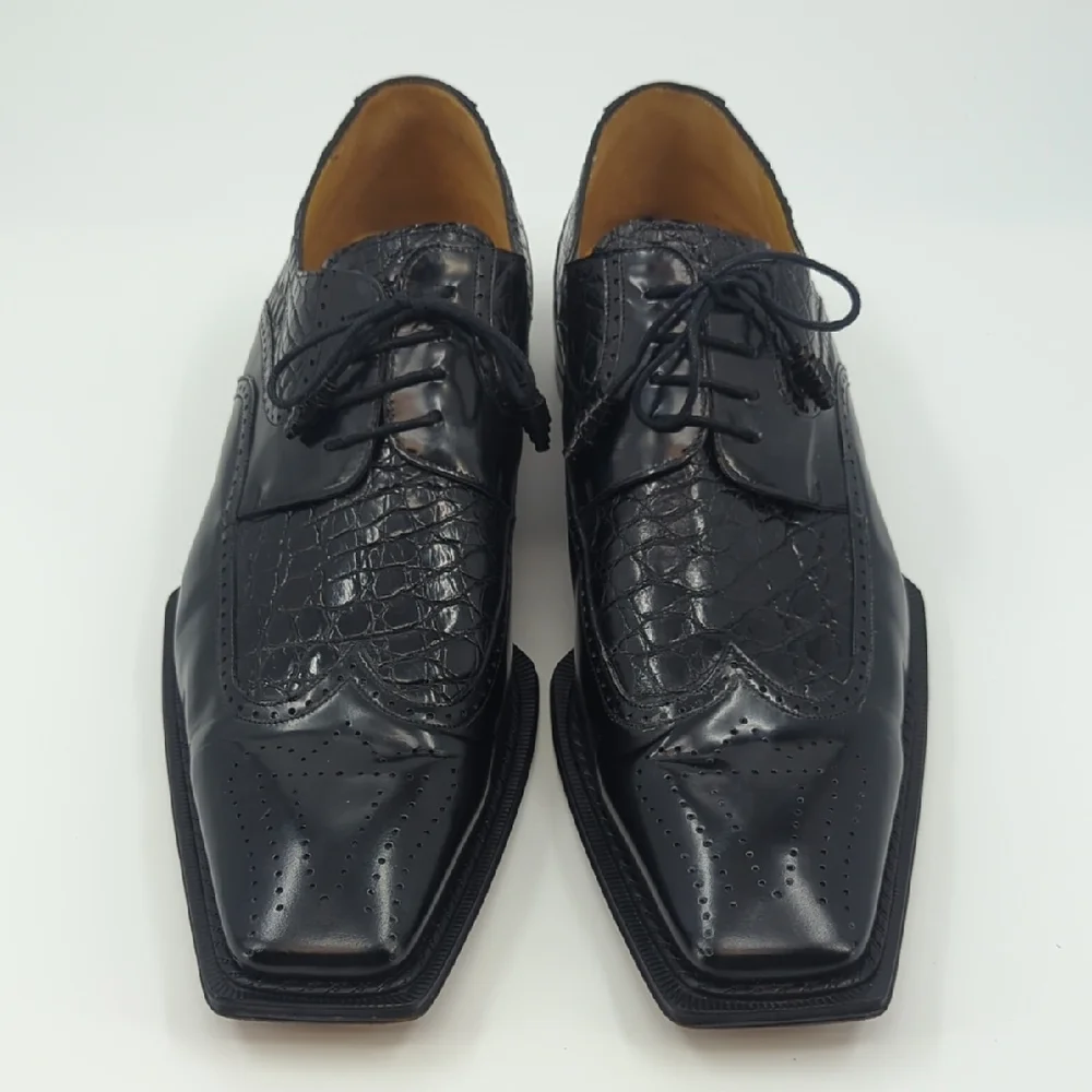 MEZLAN Platinum Wingtip Oxford Lace Up Shoes Black Crocodile Inset Sz 16 - Picture 3 of 11
